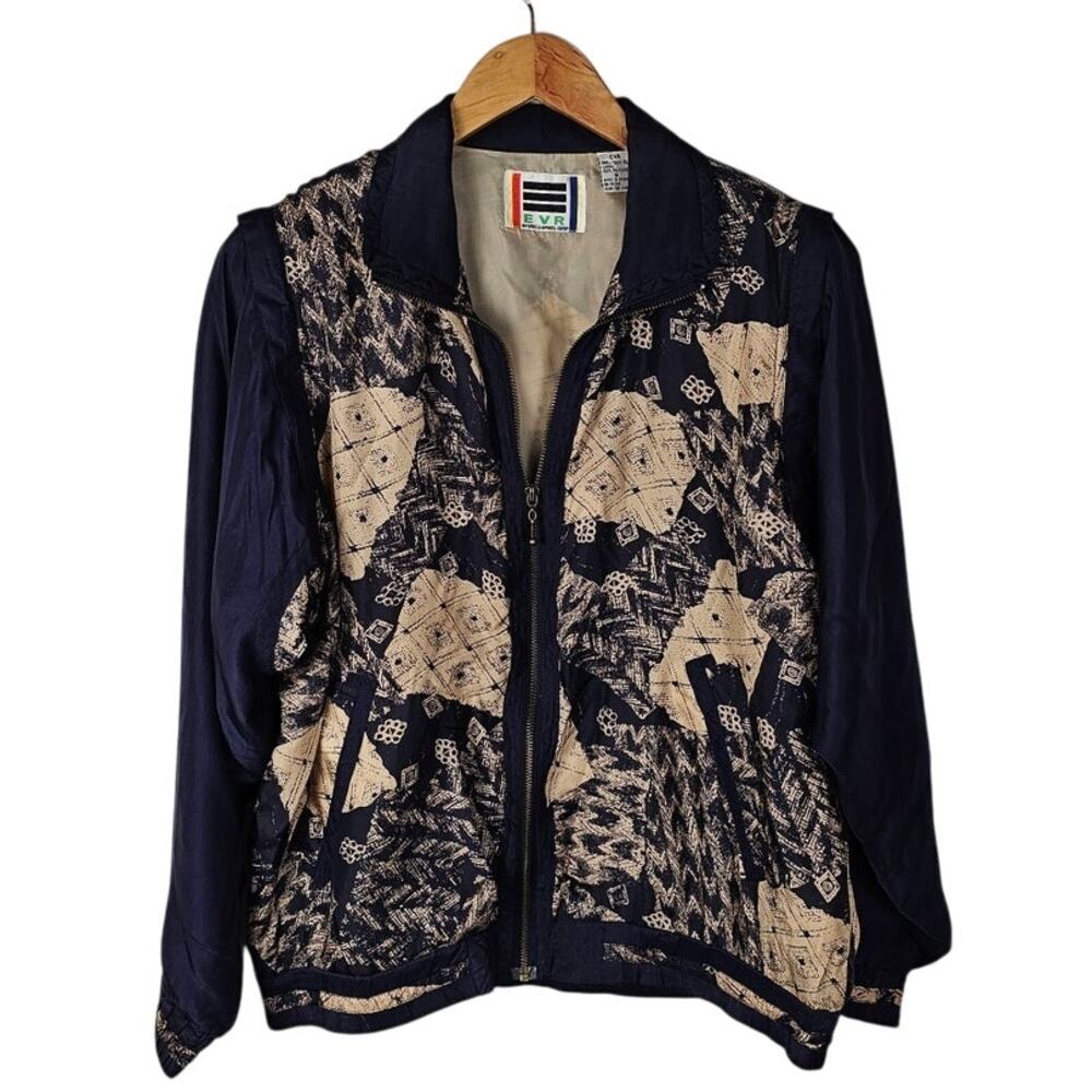 VTG EVR silk jogger jacket womens size M navy blue tan zip front